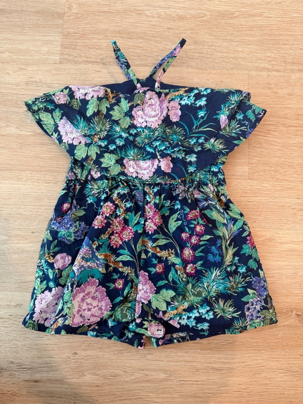Janie and Jack Navy Floral Girls Romper with Pink & Green Accents